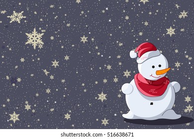 Simple flat Christmas card with cute snowman with scarf in vector. Christmas background with snowman and snowflakes. New year illustration.