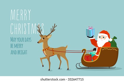 Simple flat Christmas card with a reindeer pulling Santa in sleigh in vector