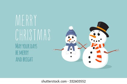 Simple flat Christmas card with two cute snowmen with scarf in vector