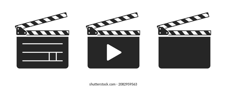 Simple flat clapperboard or movie slate vector icon collection isolated on white background. Film industry or video production equipment