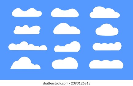Simple and flat collection of clouds isolated on blue background. White cloud element icon