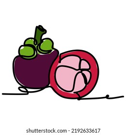 simple flat color continuous one line drawing of a sweet mangosteen fruit. Vector illustration for natural and healthy living design concept