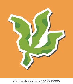 Simple Flat Color of Green Leaf Sticker with White Line Border in Cutout Style