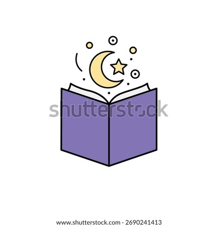 Simple Flat Color Outline Icon of an Open Book Releasing a Magical Crescent Moon and Stars: Vector Graphic for Fantasy, Spells, Mysticism, and Imagination Concepts.