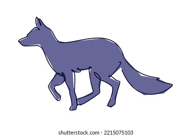 Simple flat color single continuous line drawing of cute fox. Animal and wildlife design concept. Trendy single line graphic draw vector design illustration