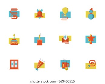 Simple flat color style set of vector icons and signs for winter holidays. Festive decorations. Elements of web design for business and website. 