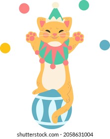 Simple flat colored circus cat standing on a ball