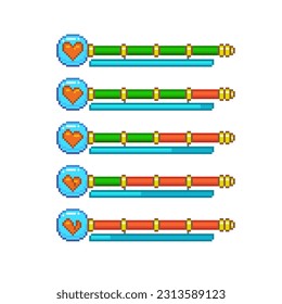 Simple flat colorful 8bit pixel art set of health bar different level in style of retro arcade game