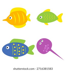 Simple Flat Colorful Fish Character Set Illustration Graphic Resource