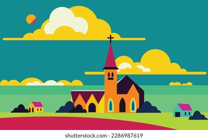 simple flat colorful landscape with village and church