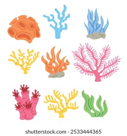 Simple flat colourful coral illustration set