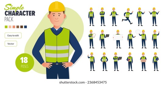 Sencillo caracter de vector del trabajador de mantenimiento de construcción plana en un conjunto de poses múltiples. Fácil de editar y aislado en un fondo blanco. Mega pack de personajes de estilo moderno y moderno con muchas poses.