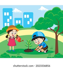 simple flat design background for children planting trees, for children's books or other purposes
