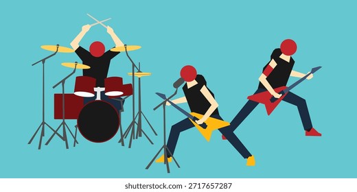 Einfaches flaches Design von Bandzeichen. Sänger, Gitarrist und Schlagzeuger