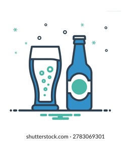 Simple flat design of beer bottle and glass on table with foam and bubbles