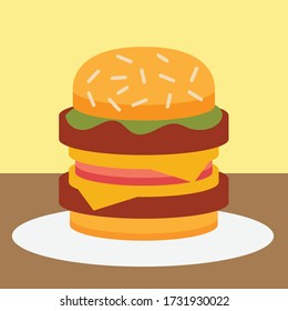 Simple flat design big fast food burger on a plate vector graphics