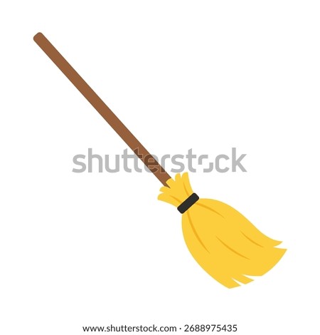 Simple Flat Design Broomstick Icon with Brown Handle and Yellow Straw: Vector Graphic Symbol for Witchcraft, Cleaning, Housework, and Halloween Concepts.