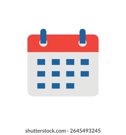 Un simple icono de calendario de diseño plano con bloques de color rojo, blanco y azul. Estilo limpio para uso digital e impreso.