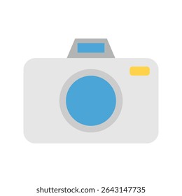 Simple flat design camera icon with lens, flash, and viewfinder in color.