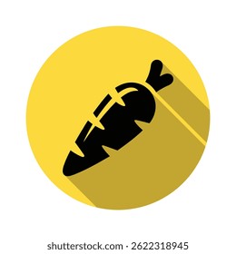Design plano simples de um ícone de cenoura, uma silhueta preta centrada em um círculo amarelo com sombra longa. Isolado em um fundo branco.