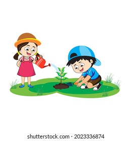 diseño simple y plano niños plantando árboles