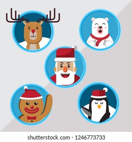 Simple flat design Christmas avatar consist of santa, penguin, deer, polar bear and gingerbread