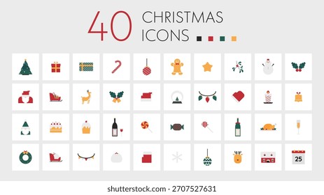 Conjunto de ícones de Natal de design plano simples (40 ícones)