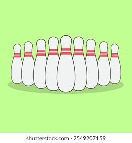 A simple flat design of a classic white bowling pin with red stripes near the neck on a plain background. Ideal for sports graphics, bowling promotions, mobile apps, or minimalist design projects.