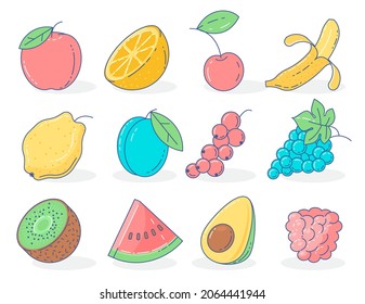 Simple flat design color vector fruits and berries icon set.