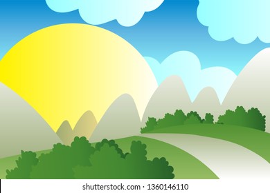 Simple flat design country, road, mountain blue sky and big sun