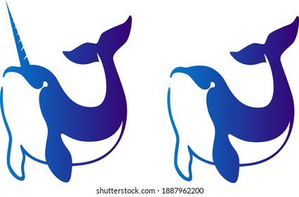 Simple Flat Design of Cute Dolphin and Narwhal