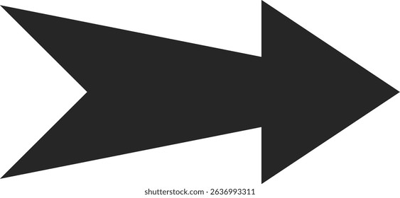 Simple, flat design of a dark gray arrow pointing towards the right side, featuring a notched tail, isolated against a clean white background, conveying direction and progress