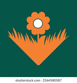 A simple, flat design depicts a cheerful orange flower positioned within a patch of orange grass on a deep teal or hunter green background.