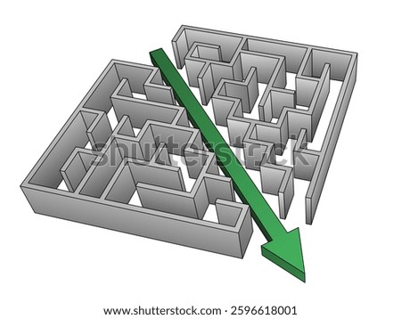 Simple flat design diagram of a green arrow piercing through labyrinth.