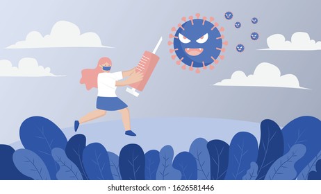 Simple flat design of doctor use Syringe as a weapon to fight with Corona Virus.