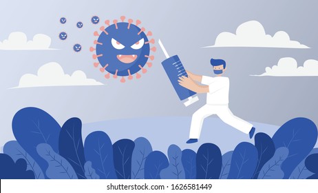 Simple flat design of doctor use Syringe as a weapon to fight with Corona Virus.