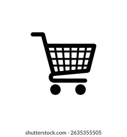 Simple flat design of empty black shopping cart icon on white. Symbolizes online retail and digital commerce on a transparent background.