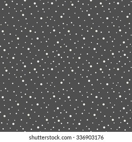 Simple flat design falling snow or night sky with stars abstract seamless pattern. White spots, circles or dots of various size on chalkboard background. Black and white monochrome texture. 