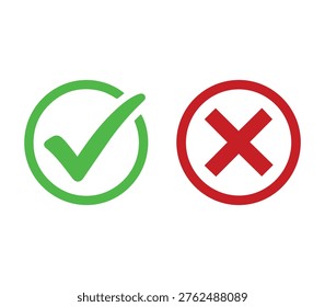 Simple flat design of green checkmark and red x mark in circle, representing approval, correct, true or incorrect, false, delete.