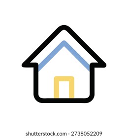 A simple flat design house icon with blue roof, yellow door on White Background. Minimalist and modern style.