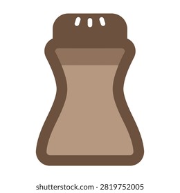 A simple flat design icon of a brown spice shaker with a perforated lid, isolated on a white background. Ideal for culinary, cooking, and food preparation websites.