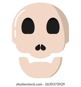 A simple, flat design icon of a cartoon skull. Stylized vector illustration with a separated jaw, perfect for Halloween, logos, or modern graphic design projects. Isolated on a white background.