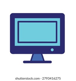A simple flat design icon of a computer monitor with a blue frame and a light blue screen on a stand
