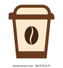 Simple flat design icon of a disposable coffee cup featuring a coffee bean symbol. Brown and white color scheme representing hot drinks, caffeine, cafe culture, and morning beverages.