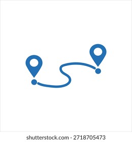 A simple, flat design icon illustrating a winding blue route connecting two location markers on a pure white background. Represents travel planning, navigation, or finding a way from one point to anot