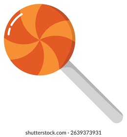 A simple flat design icon of a round lollipop with an orange swirl pattern. Cute cartoon candy illustration, perfect for Halloween, parties, and sweets-themed designs