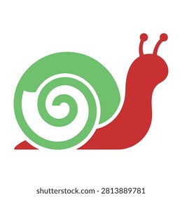 Simple flat design icon of a snail featuring a vibrant red body and a light green spiral shell. This clean minimalist symbol represents slow speed or nature themes.
