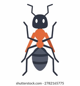 A simple, flat design illustration of an ant, featuring a black head, orange thorax, and segmented gray abdomen.
