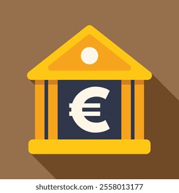Simple flat design illustration of a bank building with a euro sign
