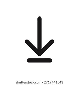 Eine einfache flache Designgrafik eines schwarzen Download-Pfeilsymbols. Die Zusammensetzung ist minimal und sauber mit einem monochromatischen Farbschema.